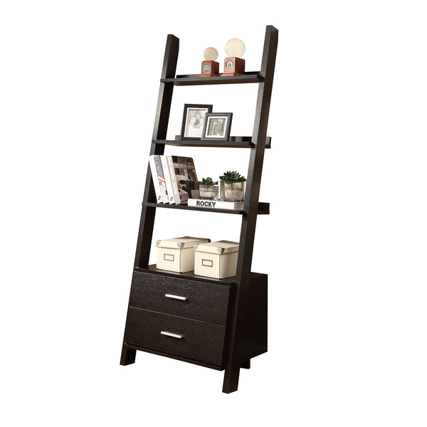 69" Cappuccino Particle Board Ladder Bookcase with Two Storage Drawers