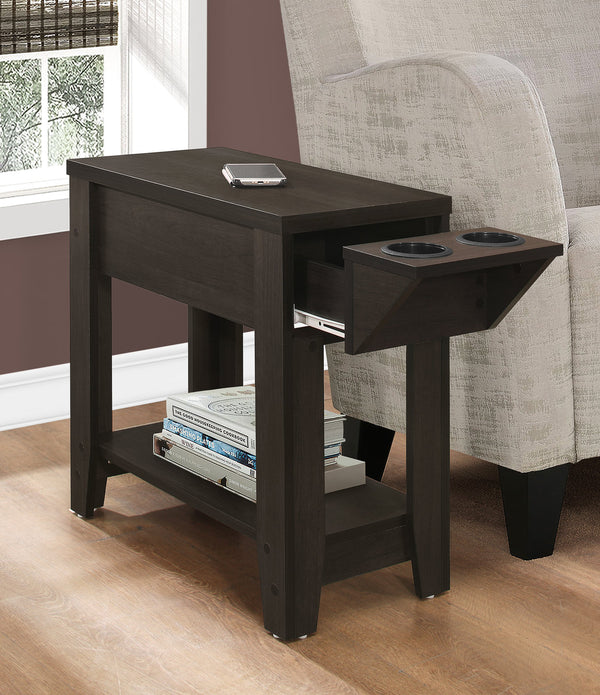 Cappuccino Finish Side  Accent Table with Adjustable Cup Holder Drawer and Bottom Shelf