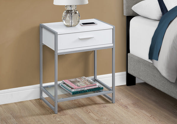 12" x 18" x 22.25" White Clear Silver Metal Tempered Glass  Accent Table