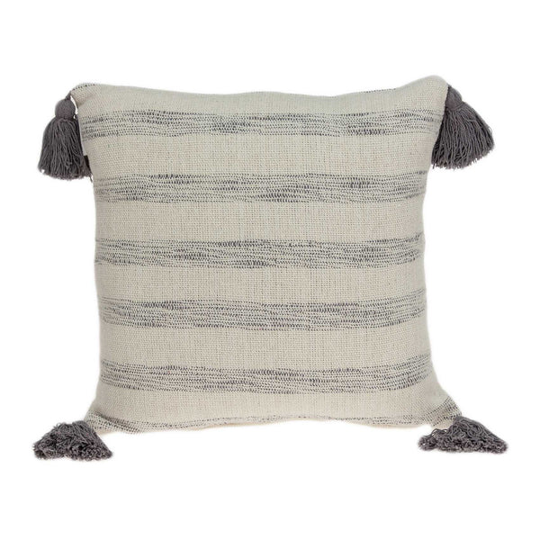 100% Cotton Beige and Light Grey Striped Pillow Cover with Tassels