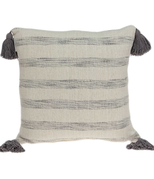 100% Cotton Beige and Light Grey Striped Pillow Cover with Tassels