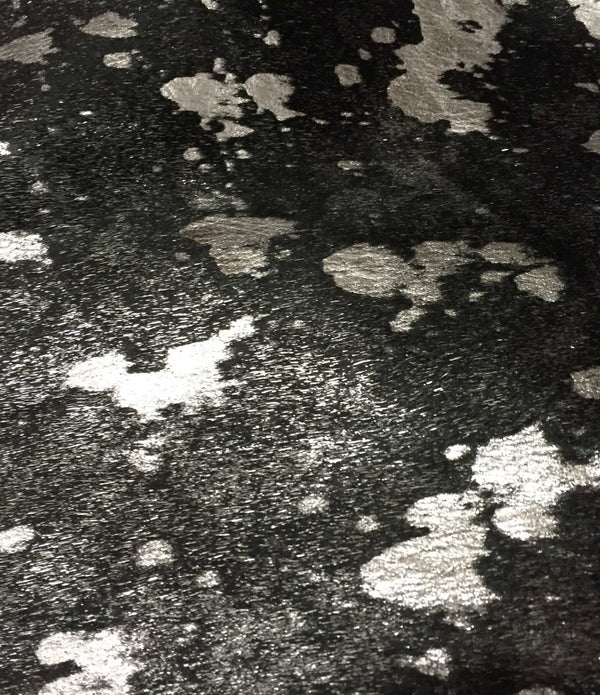 6 Ft Silver Devore on Black Stenciled Cowhide Rug