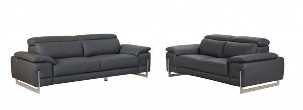 71'' X 42''  X 31'' Modern Dark Gray Leather Sofa And Loveseat