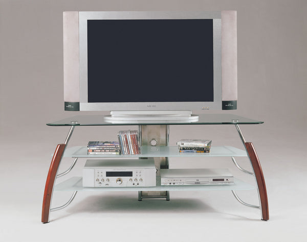 18' X 50' X 22' Metal Wood Compact TV Stand. Glass Top: 8mm Clear Glass with Beveled Edge