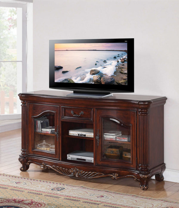 20' X 65' X 34' Brown Cherry Wood Glass TV Stand