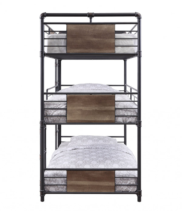 43' X 79' X 79' Sandy Black Dark Bronze HandBrushed Metal Wood Triple Bunk Bed  Twin