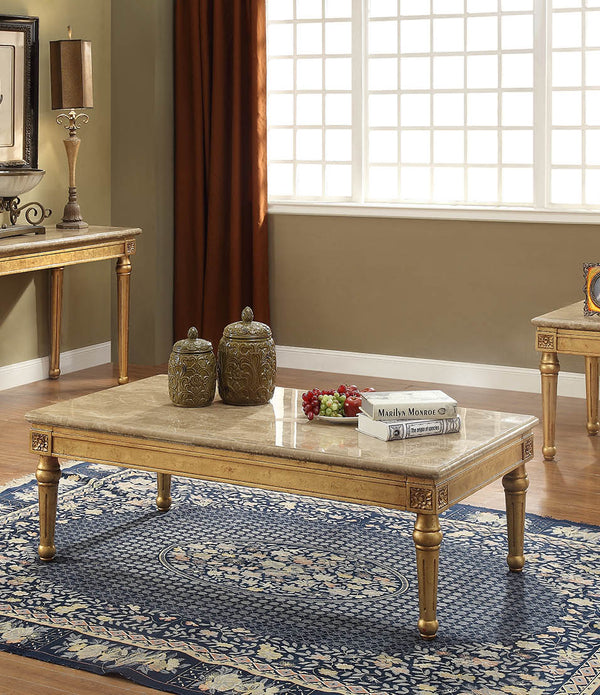 32' X 57' X 20' Marble Antique Gold Wood Coffee Table