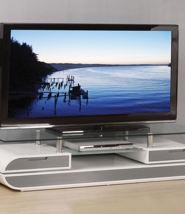 20' X 63' X 16' White Gray Wood Glass Metal Veneer TV Stand