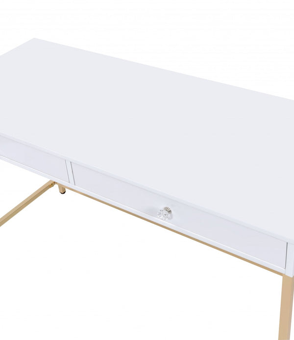 Sleek and Glossy White and Gold Office Desk