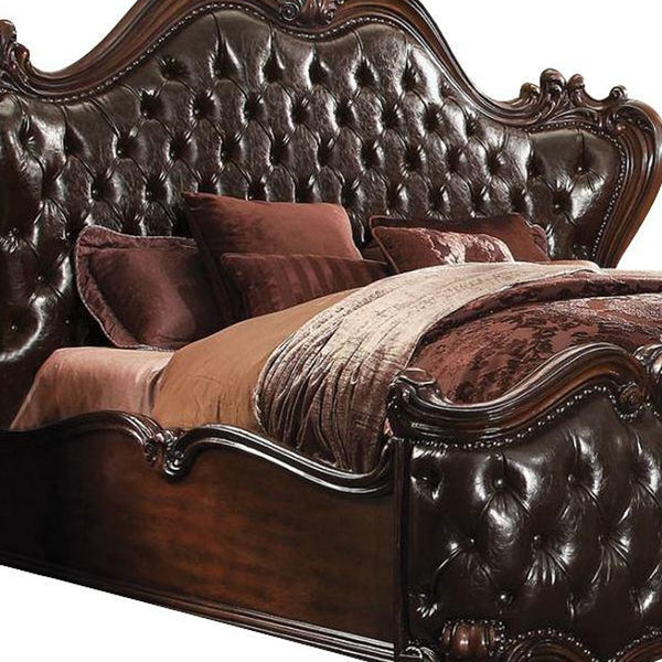 88' X 101' X 76' 2-Tone Dark Brown PU Cherry Oak Wood Poly Resin Upholstery California King Bed