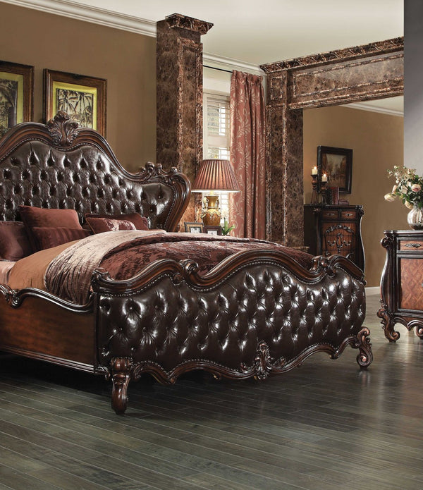 88' X 101' X 76' 2-Tone Dark Brown PU Cherry Oak Wood Poly Resin Upholstery California King Bed