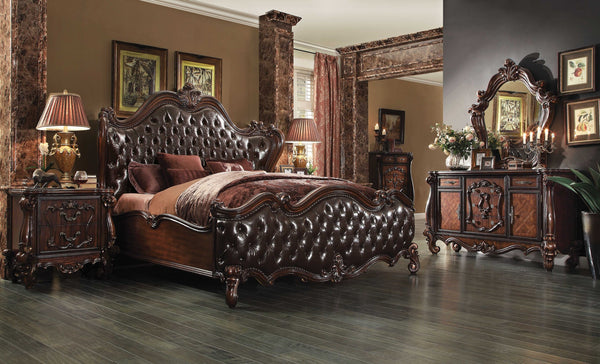 92' X 97' X 76' 2-Tone Dark Brown PU Cherry Oak Wood Poly Resin Upholstery Eastern King Bed