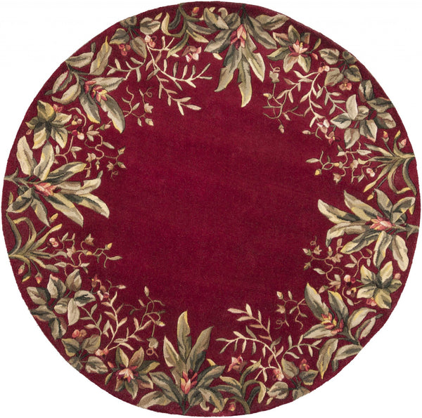 6' Ruby Red Hand Tufted Bordered Tropical Plants Round Indoor Area Rug