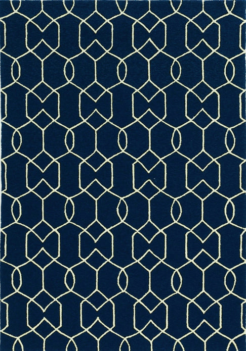 7'x10' Navy Blue Hand Hooked UV Treated Trellis Indoor Outdoor Area Rug