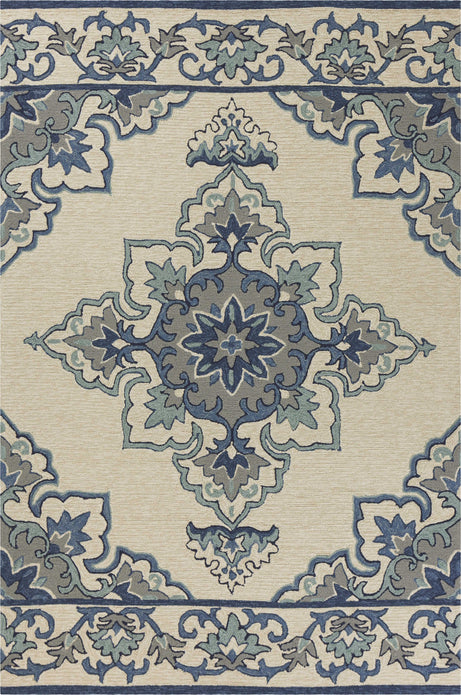 8'x10' Ivory Blue Hand Hooked UV Treated Floral Medallion Indoor Outdoor Area Rug