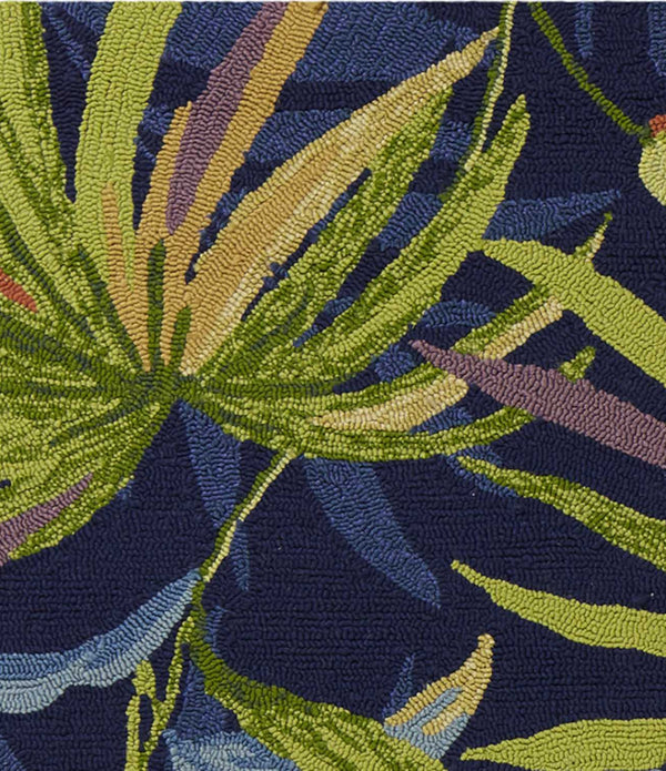 8'x10' Ink Blue Hand Hooked UV Treated Oversized Tropical Leaves Indoor Outdoor Area Rug