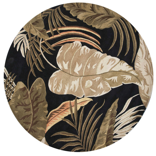 8' Midnight Black Hand Tufted Tropical Leaves Round Indoor Area Rug