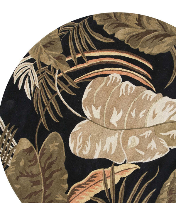 8' Midnight Black Hand Tufted Tropical Leaves Round Indoor Area Rug