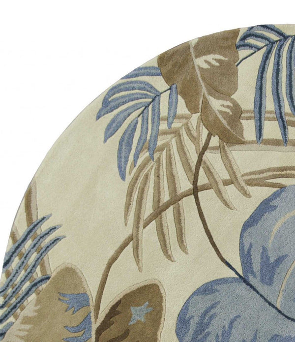 8' Ivory Blue Hand Tufted Tropical Leaves Round Indoor Area Rug