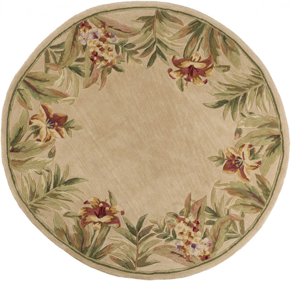 8' Ivory Hand Tufted Bordered Tropical Flowers Round Indoor Area Rug