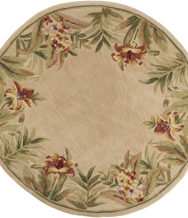 8' Ivory Hand Tufted Bordered Tropical Flowers Round Indoor Area Rug