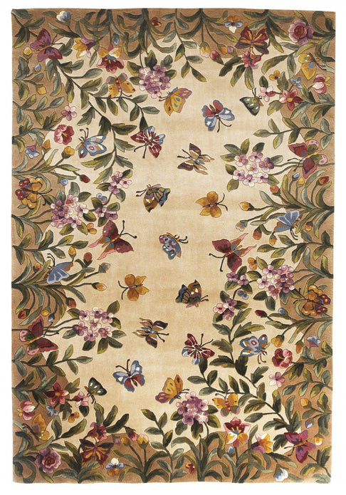 8'x11' Antique Beige Hand Tufted Bordered Butterfly Floral Indoor Area Rug