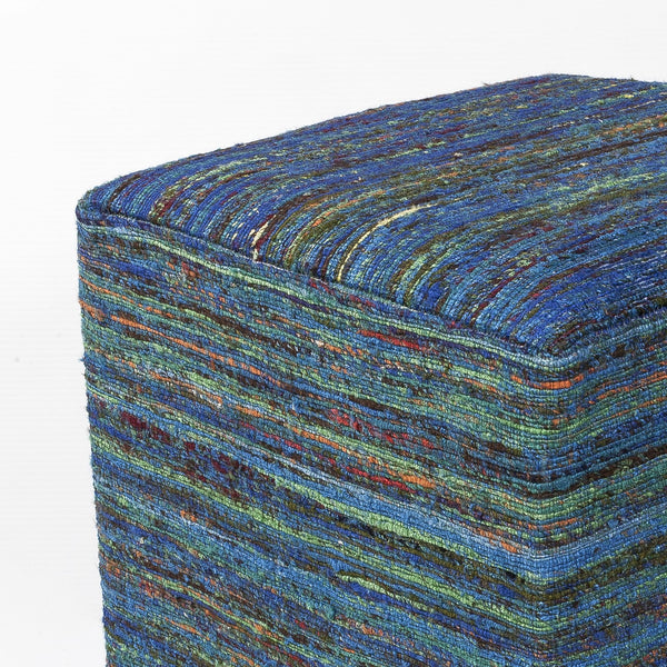 Aqua Blue Hand Woven Wool Square Pouf With Abstract Lines Pattern