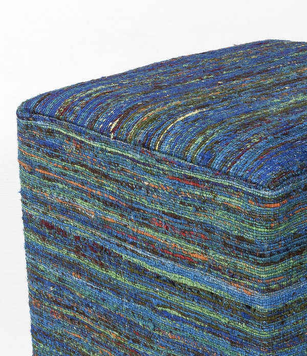 Aqua Blue Hand Woven Wool Square Pouf With Abstract Lines Pattern