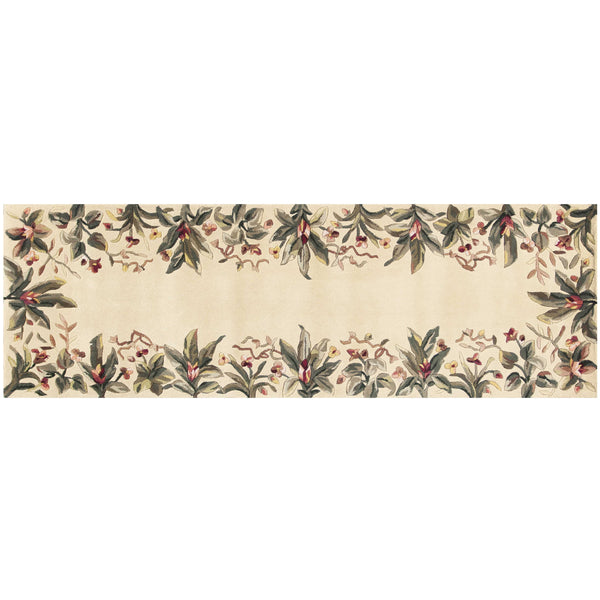 2' x 8' Ivory Tropical Leaves Bordered Wool Indoor Runner Rug