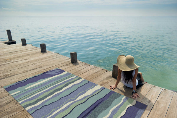 2'x3' Blue Teal Hand Hooked UV Treated Abstract Waves Indoor Outdoor Accent Rug