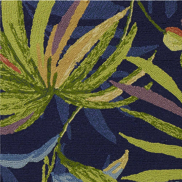 2'x3' Ink Blue Hand Hooked UV Treated Oversized Tropical Leaves Indoor Outdoor Accent Rug