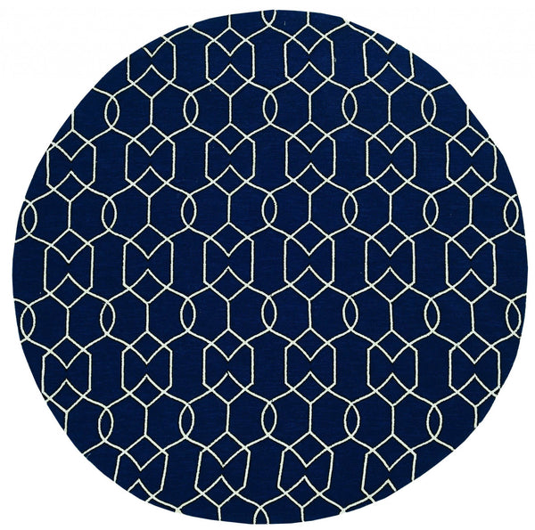 7' Navy Blue Hand Hooked UV Treated Geometric Round Indoor Outdoor Area Rug