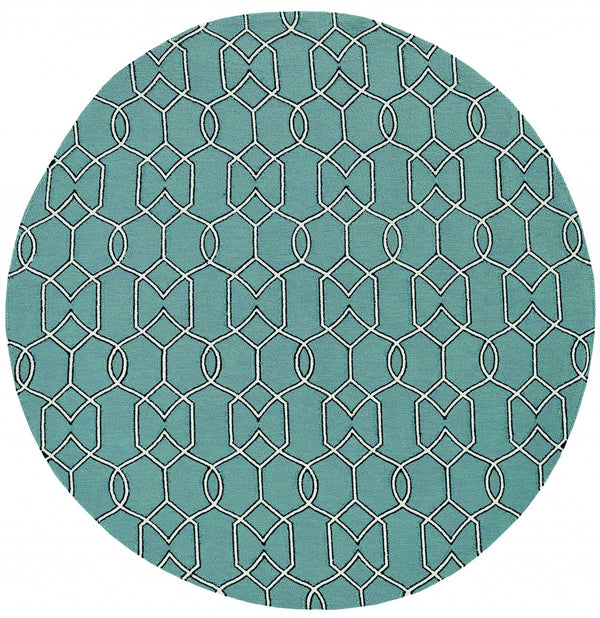 7' Spa Green Hand Hooked UV Treated Geometric Round Indoor Outdoor Area Rug