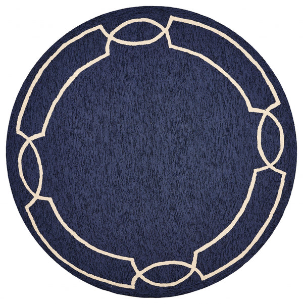 7' Ocean Blue Hand Hooked UV Treated Bordered Round Indoor Outdoor Area Rug