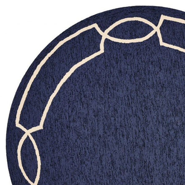 7' Ocean Blue Hand Hooked UV Treated Bordered Round Indoor Outdoor Area Rug