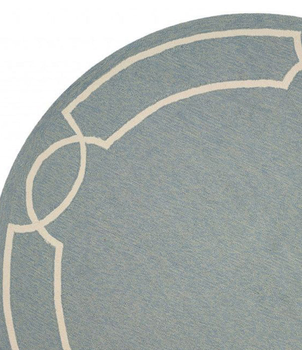 7' Spa Blue Hand Hooked UV Treated Bordered Round Indoor Outdoor Area Rug