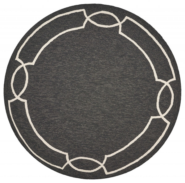 7' Onyx Black Hand Hooked UV Treated Bordered Round Indoor Outdoor Area Rug