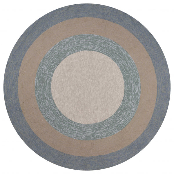 7' Spa Blue Beige Hand Hooked UV Treated Bordered Round Indoor Outdoor Area Rug