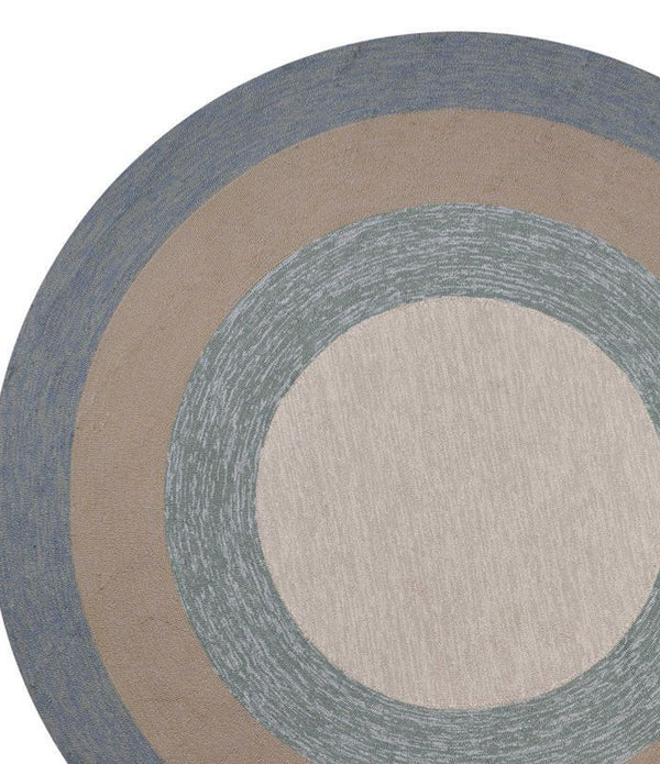 7' Spa Blue Beige Hand Hooked UV Treated Bordered Round Indoor Outdoor Area Rug