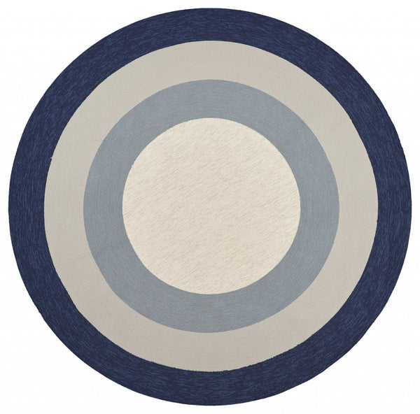 7' Slate Navy Blue Hand Hooked UV Treated Bordered Round Indoor Outdoor Area Rug