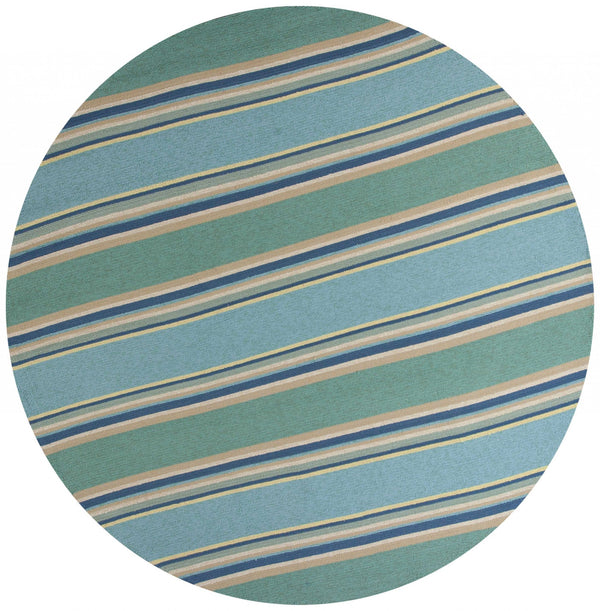 8' Ocean Blue Hand Hooked UV Treated Awning Stripes Round Indoor Outdoor Area Rug