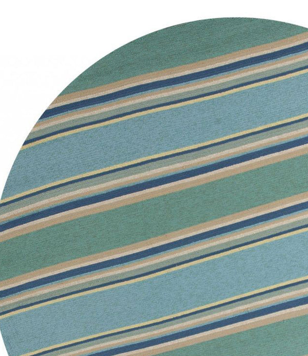 8' Ocean Blue Hand Hooked UV Treated Awning Stripes Round Indoor Outdoor Area Rug