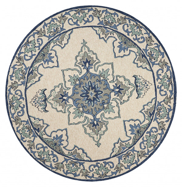 8' Ivory Blue Hand Hooked UV Treated Floral Medallion Round Indoor Outdoor Area Rug