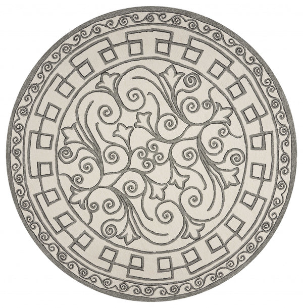 8' Ivory Grey Hand Woven UV Treated Greek Key Medallion Round Indoor Outdoor Area Rug