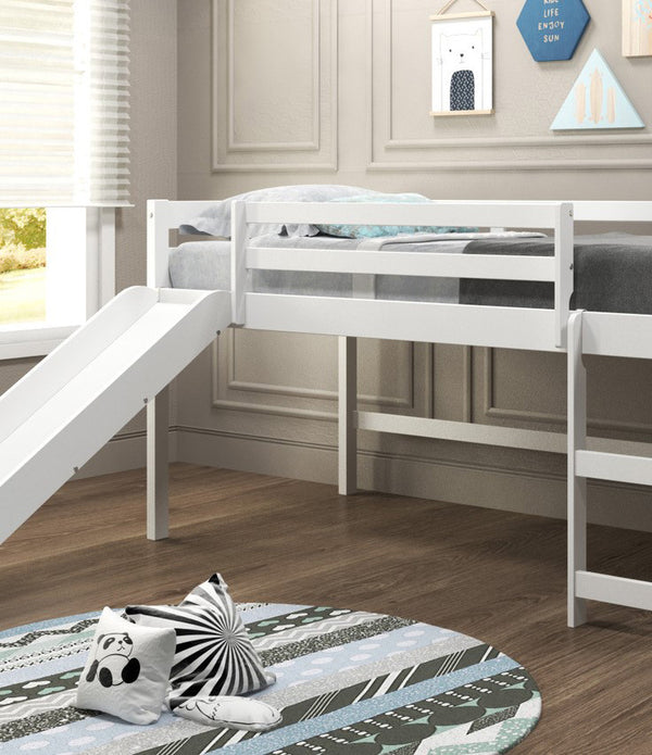 White Wooden Mini Loft Bed with Slide