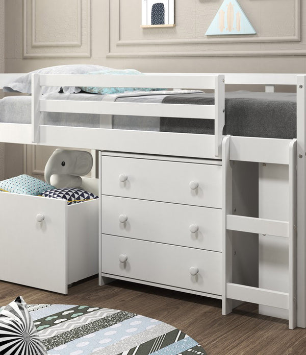 White Mini Loft Bed with Dresser and Toy Box