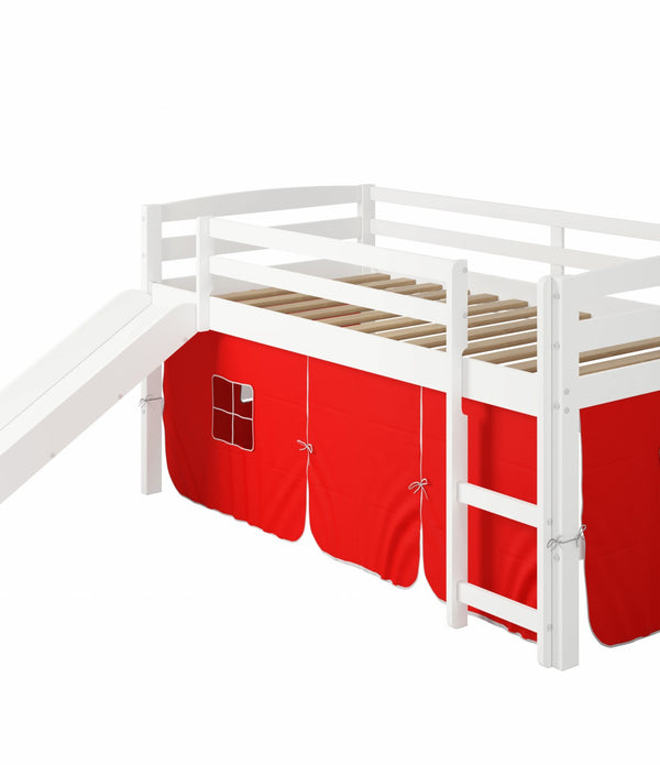 White Wooden Red Tent Low Loft Bed with Slide