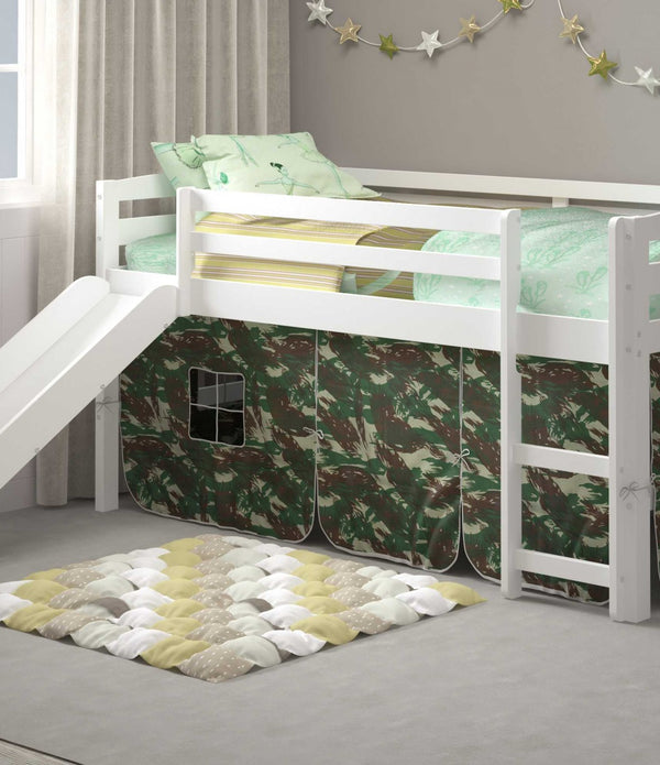 White Wooden Camo Tent Low Loft Bed with Slide