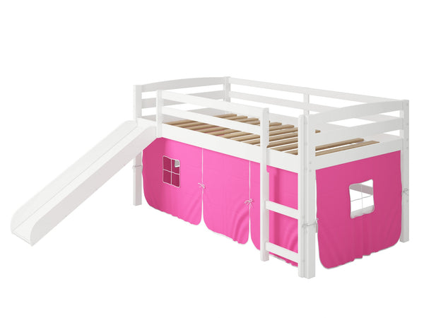 White Wooden Pink Tent Low Loft Bed with Slide