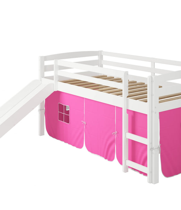 White Wooden Pink Tent Low Loft Bed with Slide